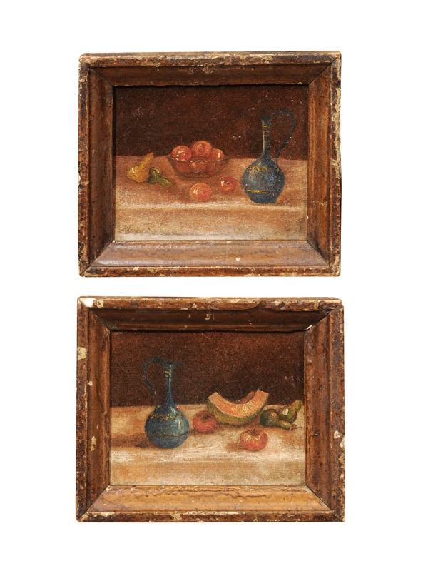 Small Pair of 18th Century Framed Oil on Board Still Life Paintings