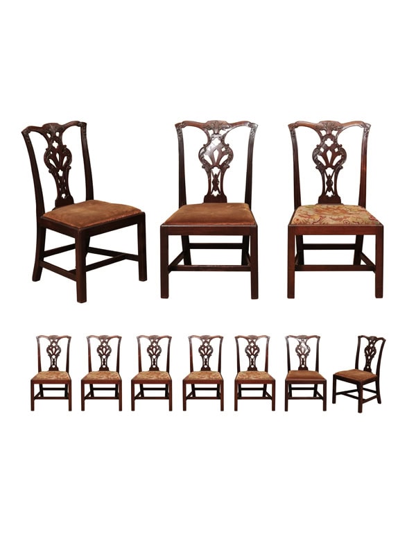 Set of 10 English Mahogany Chippendale Style Dining Chairs with Pierced Back Splats & Slip Seats, ca. 1890