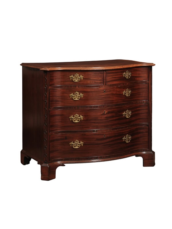 English 18th Century George III Mahogany Serpentine Chest with Crossbanded Top, Blind Fretwork Detail and 5 Drawers