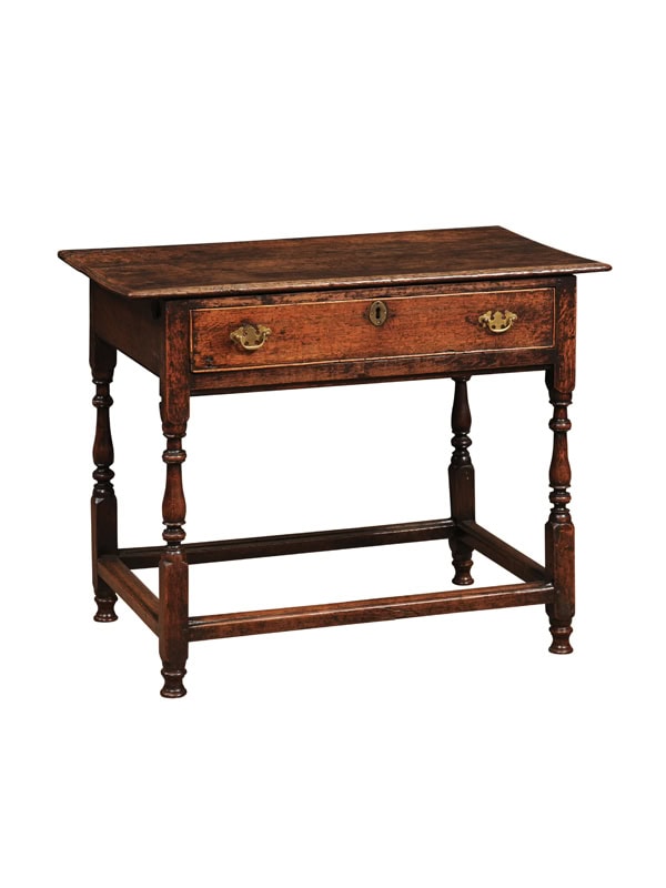 18th Century English Oak Side Table with 1 Drawer, Turned Legs and Box Stretcher