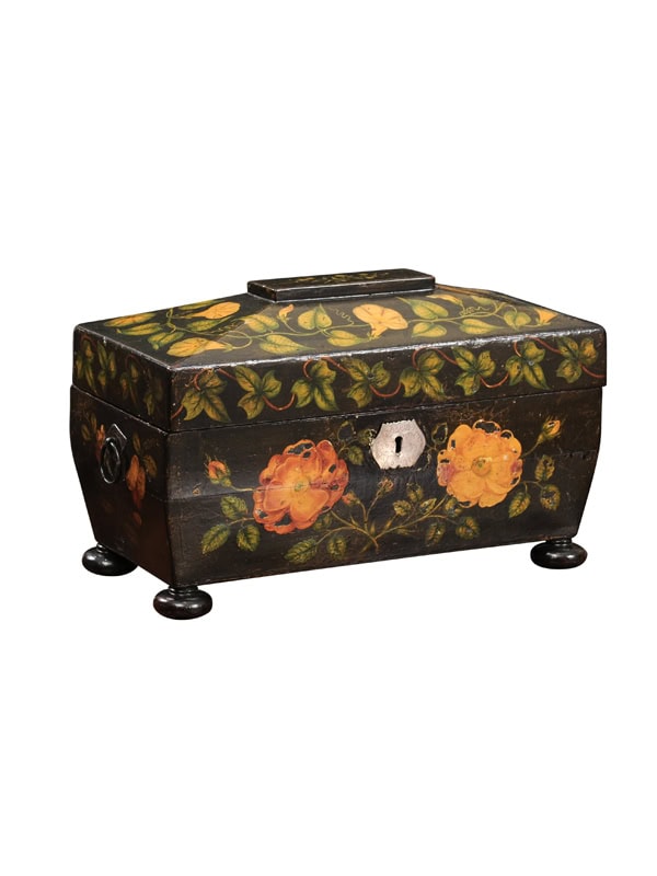 English 19th Century Ebonized Painted Tea Caddy with Yellow Flowers and Green Foliage