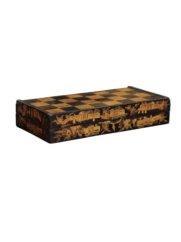 Chinese Export Black Lacquered Chess / Tric Trac Backgammon Game Box, 19th Century