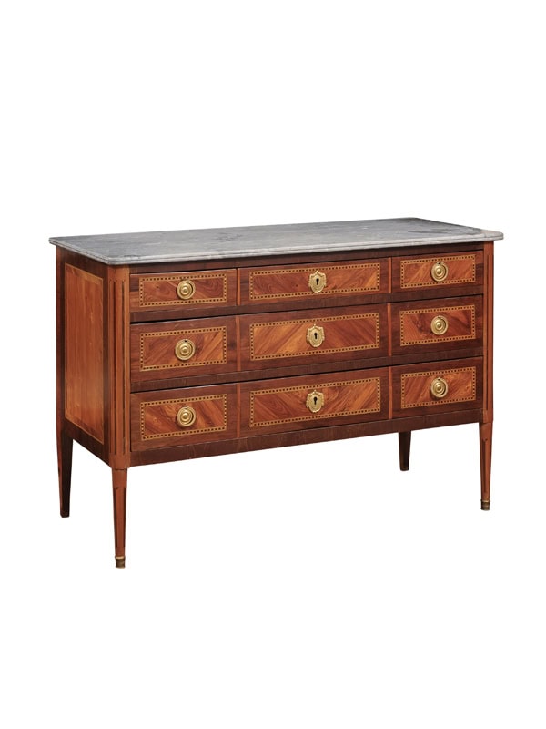 French 19th Century Louis XVI Style Walnut Grey Marble Top Commode with Parquetry Inlay and 3 Drawers