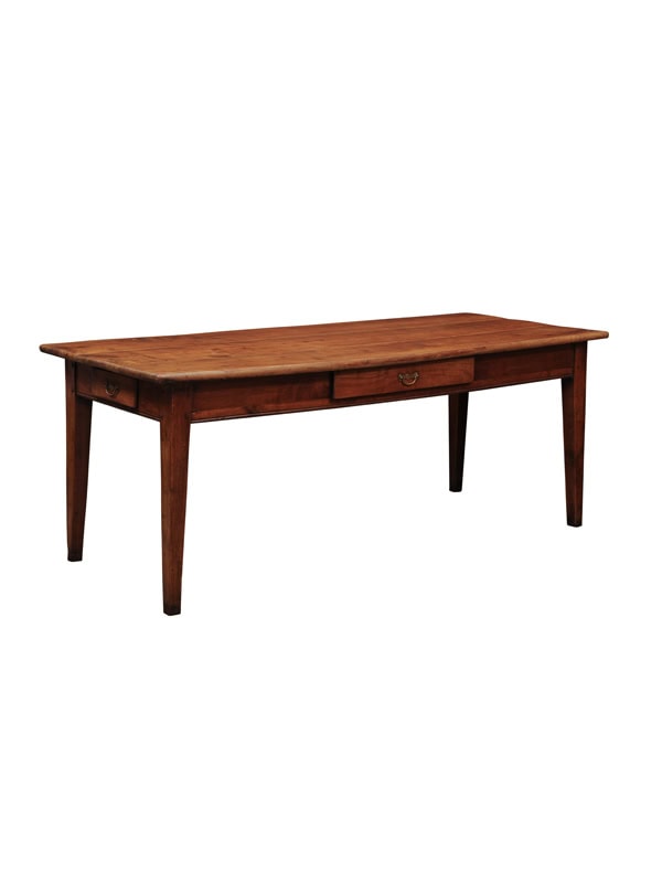 French 19th Century Fruitwood Farm Table / Writing Table with 1 Drawer and Square Tapered Legs