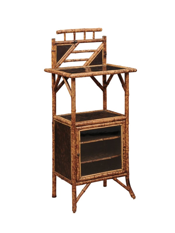 Late 19th Century English Bamboo Cabinet with Black Lacquered Detail and Foliage Design