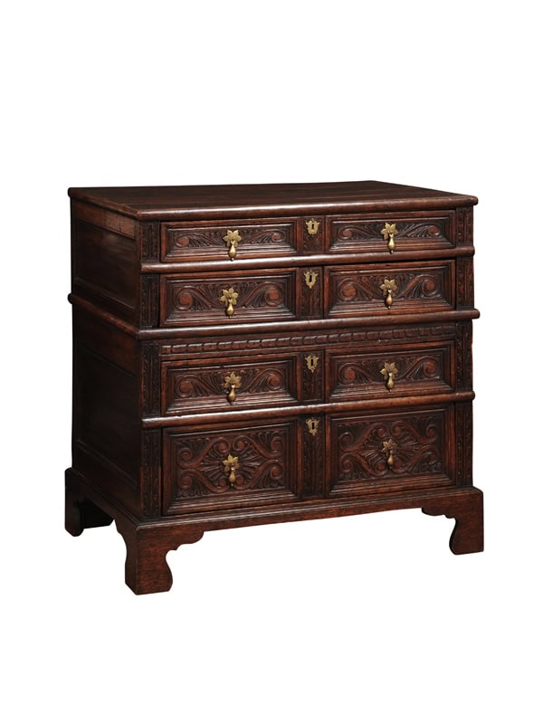 English 18th Century Jacobean Style Carved Oak Chest with 4 Drawers, Tear Drop Pulls and Bracket Feet