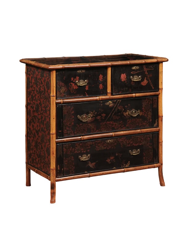 Late 19th Century Bamboo and Black Lacquered Chest with Foliage Design and 4 Drawers