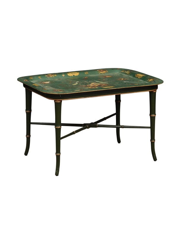 19th Century Green Tole Tray on Faux Bamboo Form Stand with Seashells and Peacock Painted Detail, Brook Astor Estate
