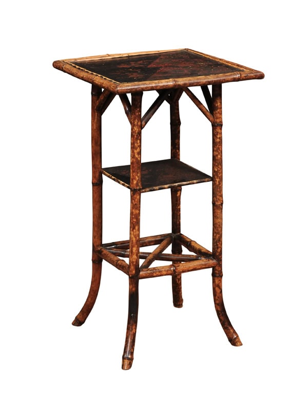 English Small Bamboo Side Table with Lacquered Top, Lower Shelf and Splayed Legs ending in Hoofed Feet, ca. 1890