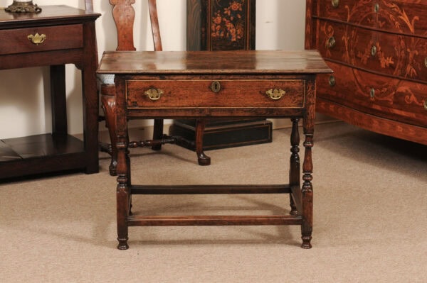 18th Century English Oak Side Table with 1 Drawer, Turned Legs and Box Stretcher - Image 13