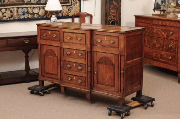 English 18th Century Fruitwood Dresser Base with Breakfront form Top, 6 Drawers and 2 Flanking Cabinets with Arched Paneled Doors - Image 13