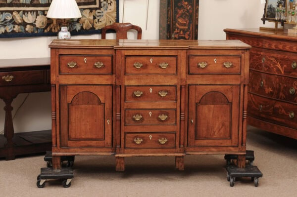 English 18th Century Fruitwood Dresser Base with Breakfront form Top, 6 Drawers and 2 Flanking Cabinets with Arched Paneled Doors - Image 14