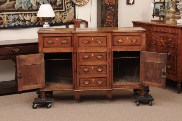 English 18th Century Fruitwood Dresser Base with Breakfront form Top, 6 Drawers and 2 Flanking Cabinets with Arched Paneled Doors - Image 15