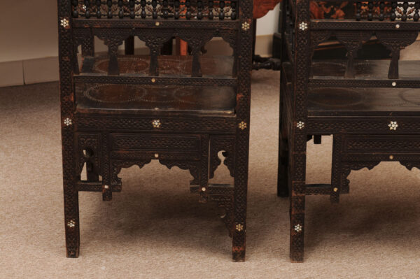 Pair of 19th Century Syrian Oak Arm Chairs with Mother of Pearl Inlay - Image 14