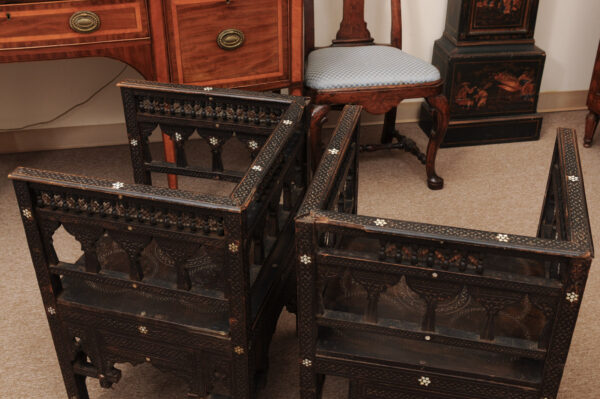 Pair of 19th Century Syrian Oak Arm Chairs with Mother of Pearl Inlay - Image 15