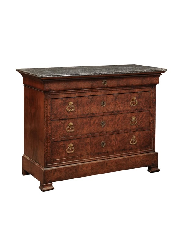 19th Century French Louis Philippe Walnut Commode with 4 Drawers and Grey Marble Top