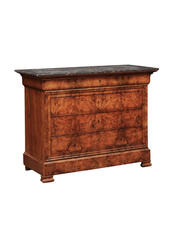 19th Century French Louis Philippe Walnut Commode with 4 Drawers & Grey Marble Top, ca. 1860