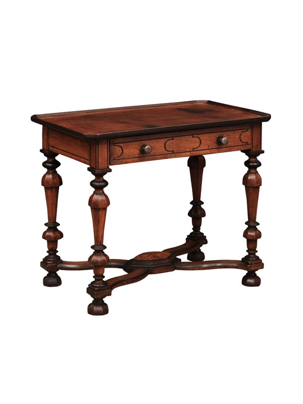 Early 18th Century French Louis XIV Walnut Side Table with Ebonized Detail, Turned Legs & Cross Stretcher, ca. 1700