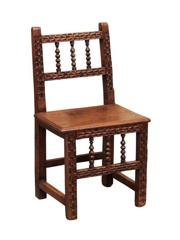 18th Century Spanish Carved Side Chair in Walnut with Bobbin Turned Detail