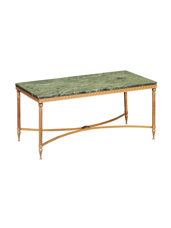 20th Century French Brass Green Marble Coffee Table with Reeded Legs and X Form Stretcher