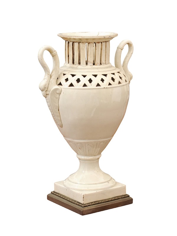 French Neoclassical 19th Century Creamware Vase with Swan Handles