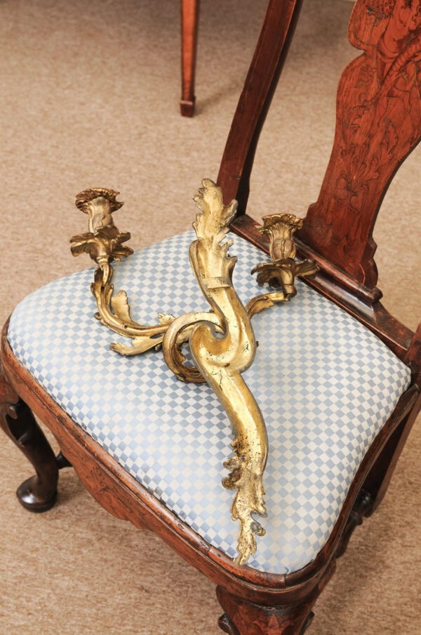 Pair of French Louis XV Bronze Dore 3 Light Sconces - Image 13