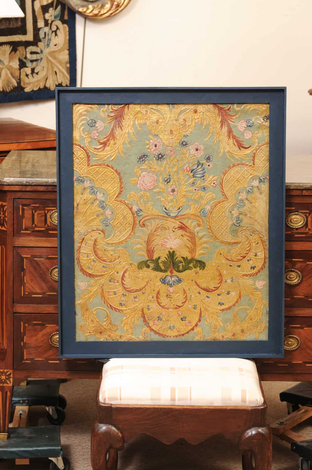 Framed 18th Century French Embossed Leather Top Panel - Image 3