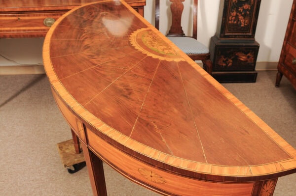 English George III Mahogany, Satinwood Demilune Server Table with Marquetry Inlay, ca. 1785, Hyde Park Collection - Image 13