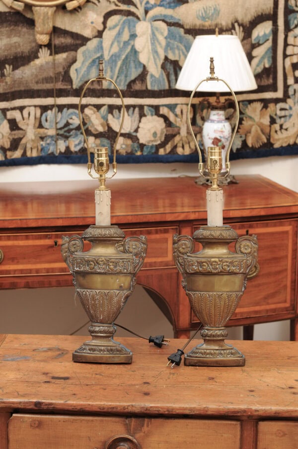 Pair of 19th Century Italian Repousse / Pressed Brass Urns Wired as Lamps - Image 14