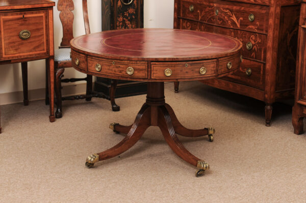 English Regency Mahogany and Ebonized Inlaid Drum Table with Red Embossed Leather Top and Reeded Splayed Legs, ca. 1805, Hyde Park Collection - Image 13