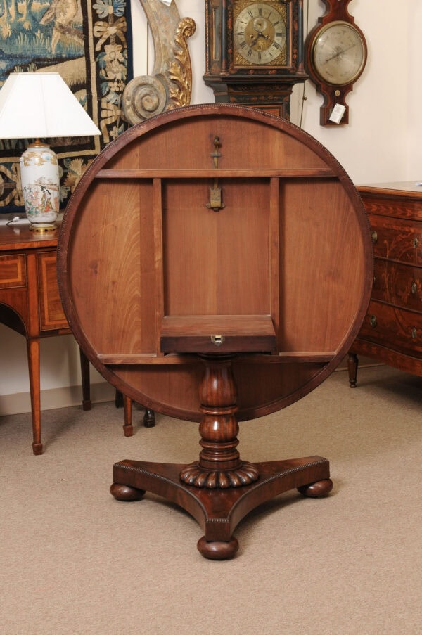 19th Century English Mahogany Center / Breakfast Table with Crossbanded Top and Pedestal Base with Bun Feet - Image 13