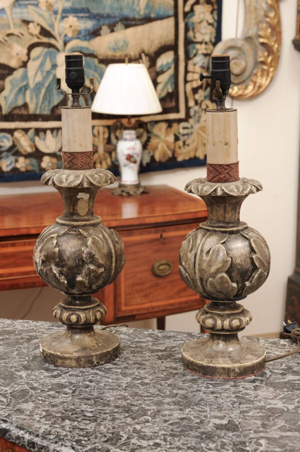 Pair of 19th Century Italian Silver Giltwood Candlesticks, wired as Lamps - Image 11