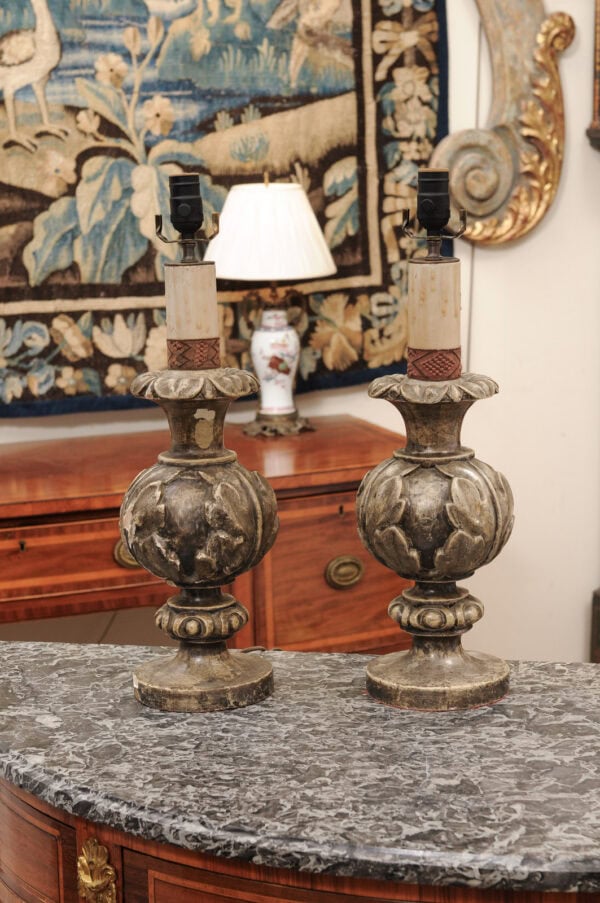 Pair of 19th Century Italian Silver Giltwood Candlesticks, wired as Lamps - Image 12