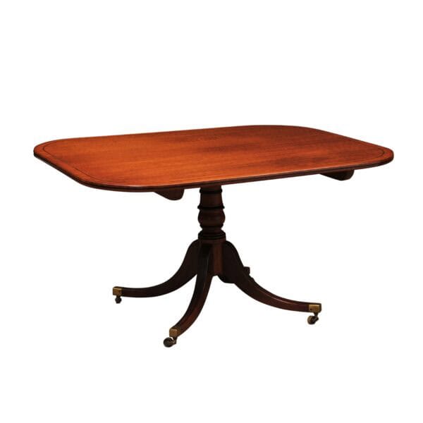 English 19th Century Plum Pudding Mahogany Rectangular Breakfast Table with Ebonized Inlay and Pedestal Base and 4 Splayed Legs on Brass Castor Feet - Image 2