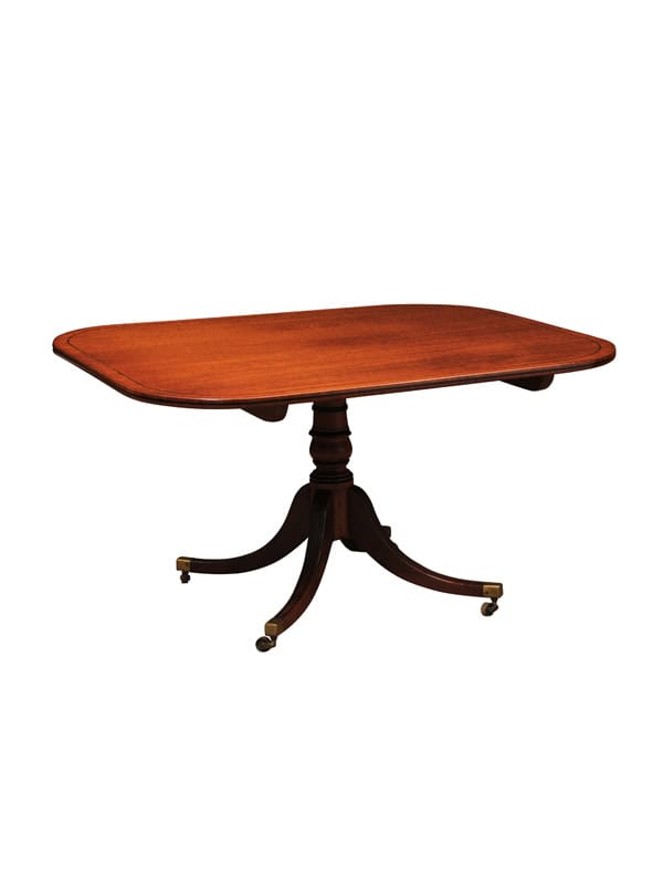 English 19th Century Plum Pudding Mahogany Rectangular Breakfast Table with Ebonized Inlay and Pedestal Base and 4 Splayed Legs on Brass Castor Feet