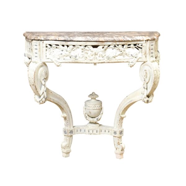 19th Century French Louis Style Green Painted Wall Mounted Console with Marble Top - Image 2