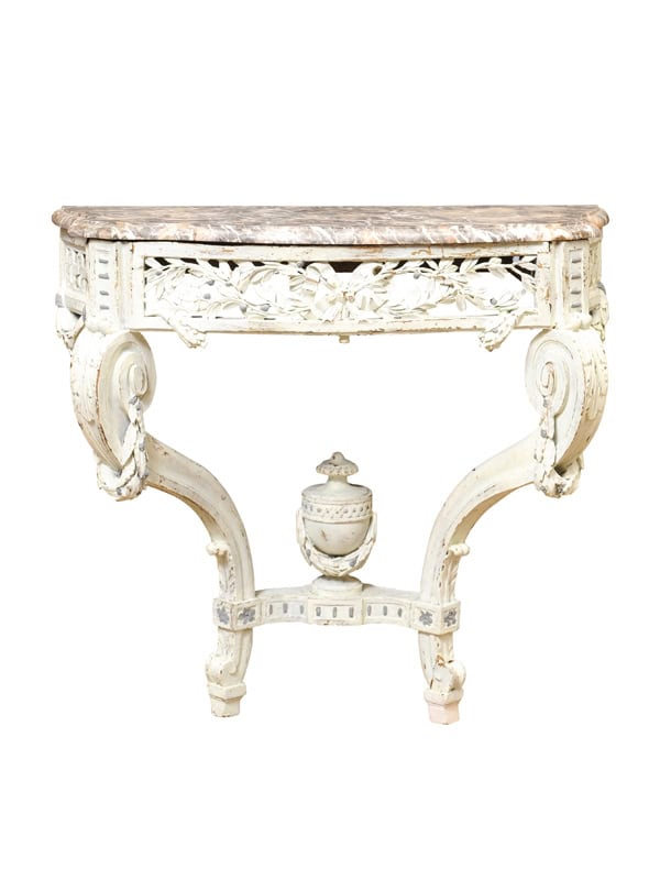 19th Century French Louis Style Green Painted Wall Mounted Console with Marble Top