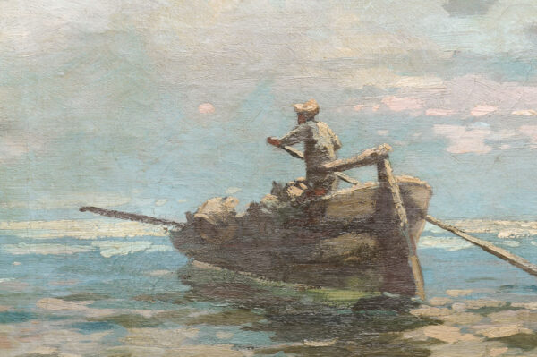 Elongated Impressionist Style Oil on Canvas Seascape Painting with Man in Boat, Italy ca. 1920 - Image 16