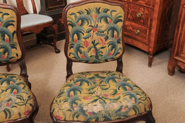 Pair of 18th Century Walnut Piedmontese Side Chairs with Cross Stretchers & Tapestry Upholstery ca 1730 - Image 14