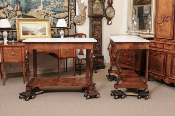 Pair of 19th Century Sicilian Console Tables in Walnut with White Marble Tops and Swan Detail, ca. 1820 - Image 13
