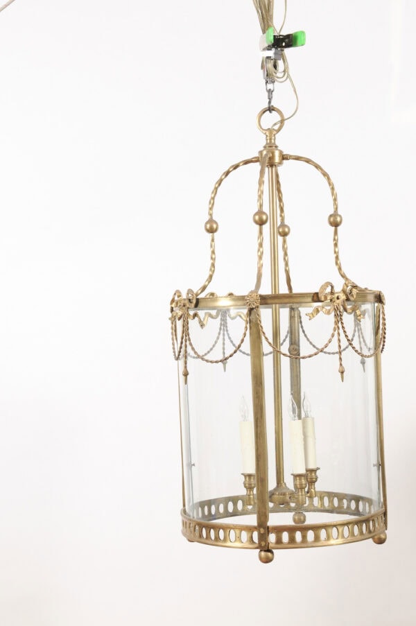 Large Louis XVI Style Brass Lantern with Curved Glass & Bow/Swag Detail, ca. 1890 - Image 13