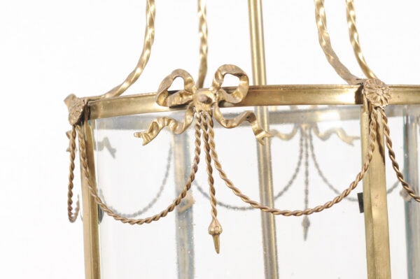 Large Louis XVI Style Brass Lantern with Curved Glass & Bow/Swag Detail, ca. 1890 - Image 14