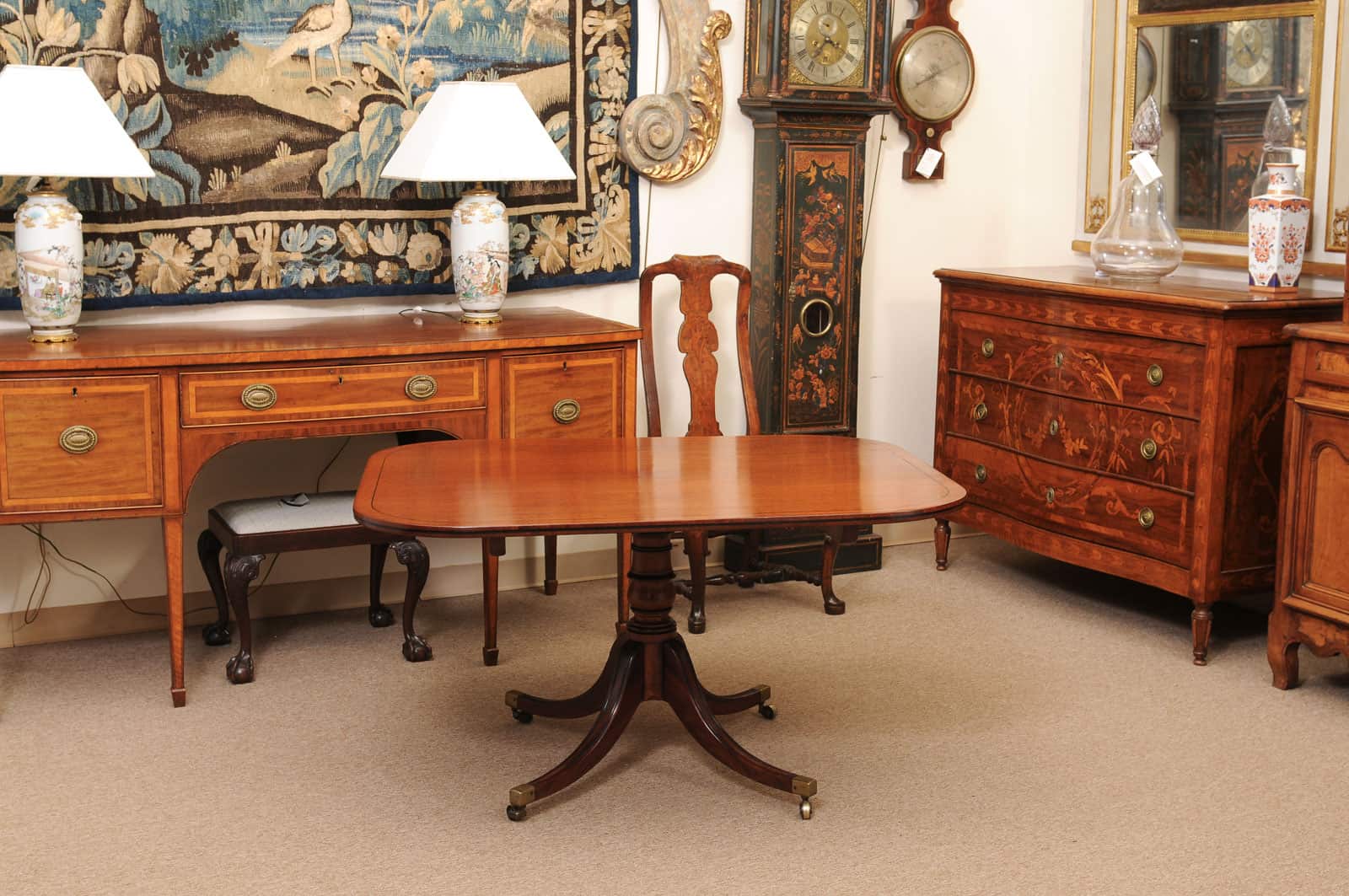 English 19th Century Plum Pudding Mahogany Rectangular Breakfast Table with Ebonized Inlay and Pedestal Base and 4 Splayed Legs on Brass Castor Feet - Image 13