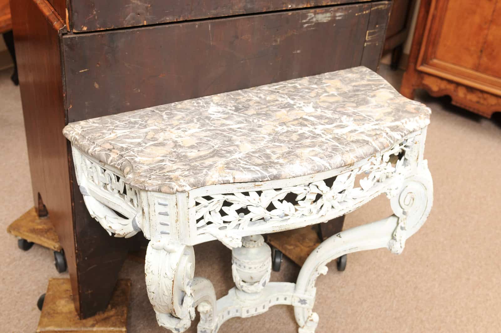 19th Century French Louis Style Green Painted Wall Mounted Console with Marble Top - Image 5