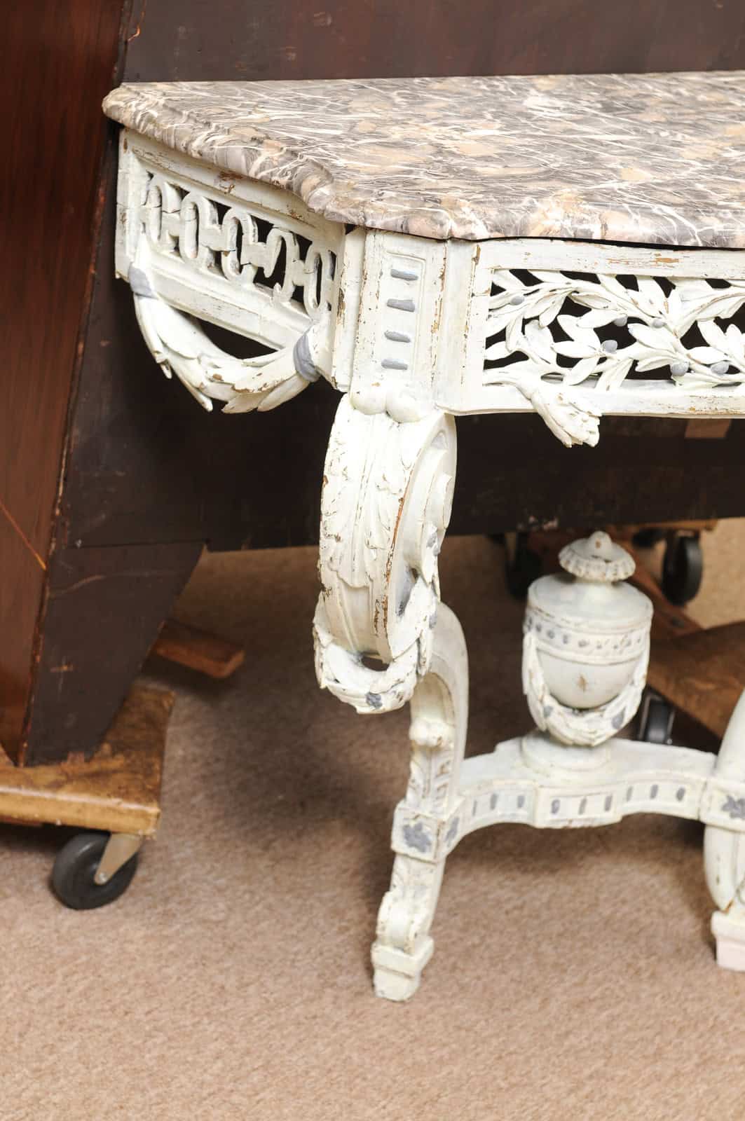 19th Century French Louis Style Green Painted Wall Mounted Console with Marble Top - Image 6