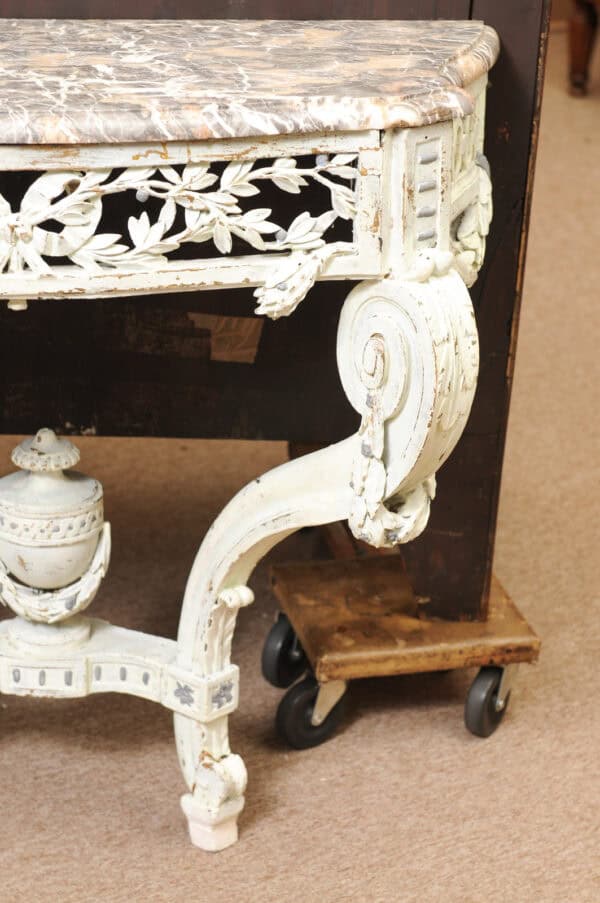 19th Century French Louis Style Green Painted Wall Mounted Console with Marble Top - Image 8