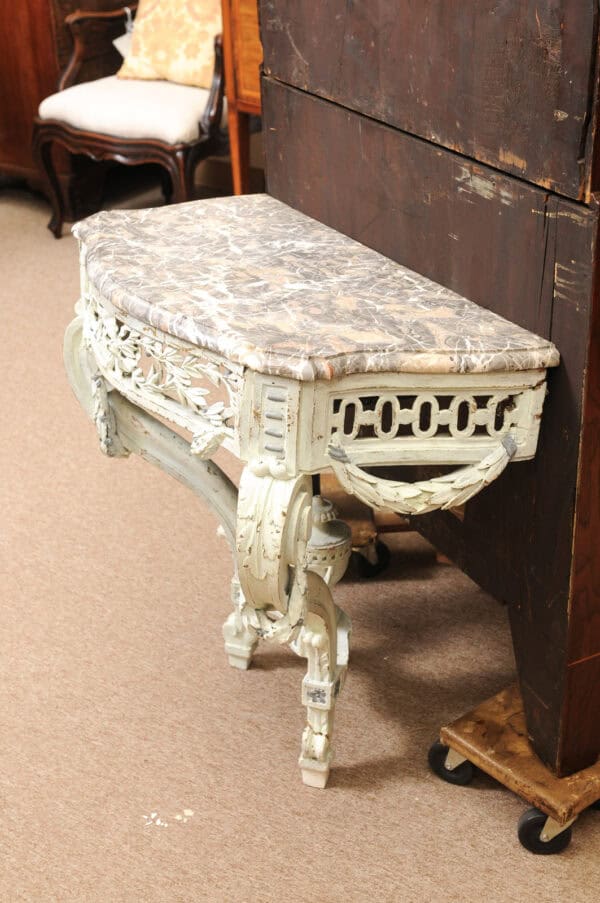 19th Century French Louis Style Green Painted Wall Mounted Console with Marble Top - Image 9