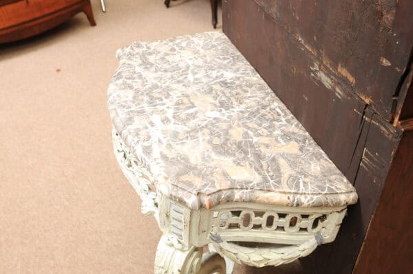 19th Century French Louis Style Green Painted Wall Mounted Console with Marble Top - Image 10