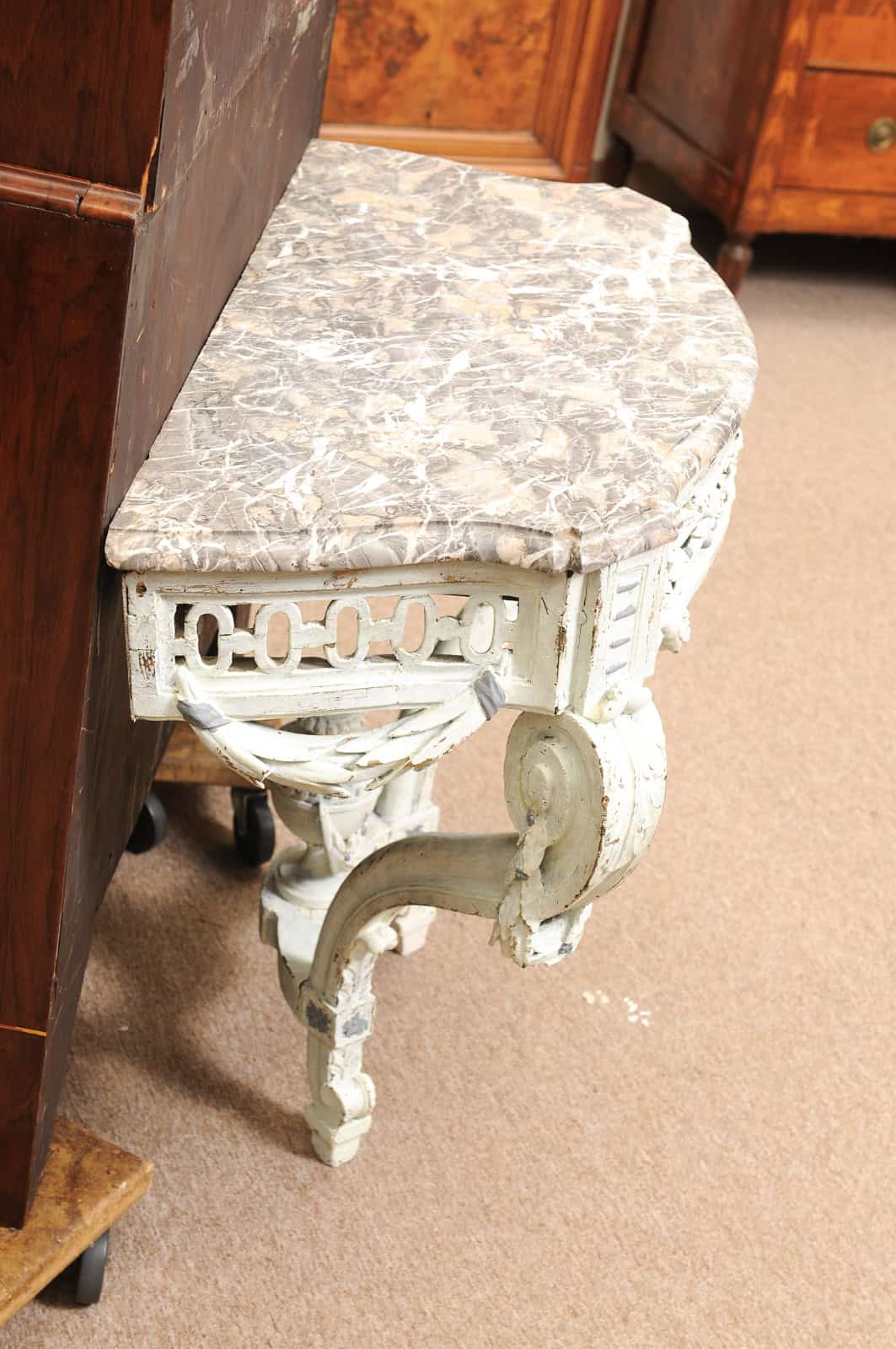 19th Century French Louis Style Green Painted Wall Mounted Console with Marble Top - Image 11