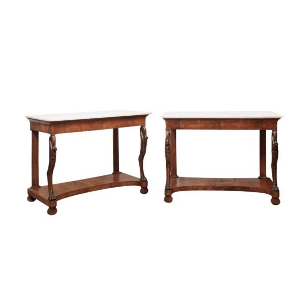 Pair of 19th Century Sicilian Console Tables in Walnut with White Marble Tops and Swan Detail, ca. 1820 - Image 18